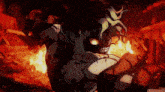 a cartoon character is standing in front of a fire and looking at the camera .