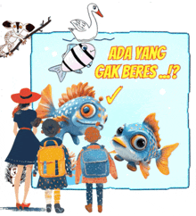 an illustration of a woman and two children looking at fish with the caption " ada yang gak beres .... "