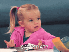 a little girl is sitting at a table and says " say what "