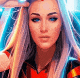 a woman with long blonde hair and blue eyes is wearing a red and black superhero costume .