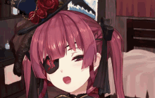 a girl with red hair and an eye patch has a pirate hat on her head