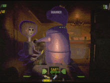 a video game shows a robot with the word boganco on its head