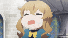 a girl with long blonde hair and a yellow bow on her shirt is making a funny face
