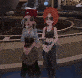 two cartoon characters are standing next to each other in a room .
