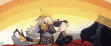 a girl with a fox tail is laying on a bed with a rainbow in the background