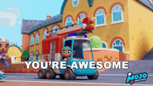 an advertisement for mojo shoptops with a fire truck
