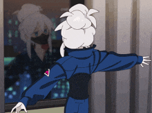 a cartoon drawing of a girl looking out a window with a reflection of herself