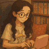 a girl wearing glasses is typing on a pink laptop