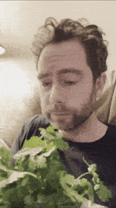 a man with a beard is smelling a bunch of greenery