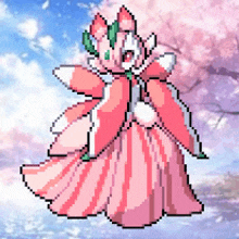 a pixel art drawing of a fairy in a pink and white dress