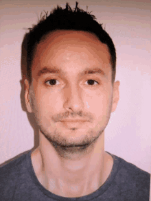 a man with a beard wearing a grey shirt looks at the camera