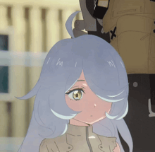 a drawing of a girl with long blue hair and a yellow eye