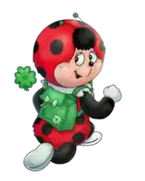 a ladybug is wearing a green jacket and a green clover