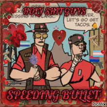a cartoon of two men with the words holy shit guys speeding bullet on the bottom