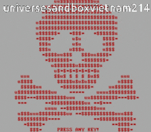 a red background with a skull made of dollars and the words press any key