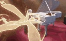 a person playing a white grand piano with wings coming out of the keyboard