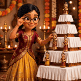 a girl with glasses is standing next to a stack of figurines