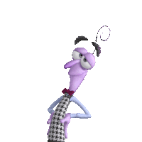 a cartoon character with purple arms and a bow tie is flying through the air