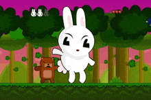 a cartoon of a rabbit standing next to a bear in a forest