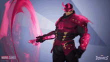 a man in a red armor is holding a red sword in front of a marvel games rivals logo