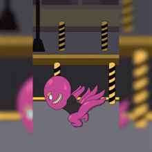 a cartoon of a pink octopus hanging upside down from a pole