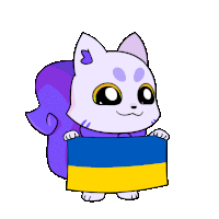 a cartoon cat is holding a blue and yellow flag in its paws