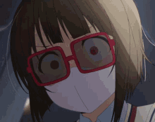 a close up of a girl wearing glasses and a white face mask