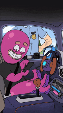 a cartoon of a police officer talking to a pink octopus in the back seat of a car