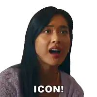 a woman with a surprised look on her face has the word icon written on her face