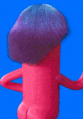 a red cartoon character with purple hair and arms