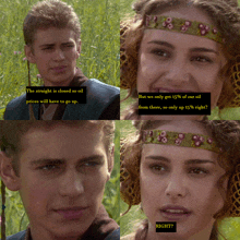 a man and a woman are looking at each other and the woman says right