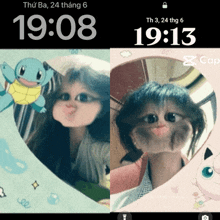 a phone screen shows the time as 19:13 and the time of 19:08