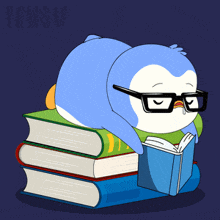 a penguin wearing glasses sits on a pile of books
