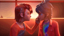 two cartoon characters are touching each other 's faces