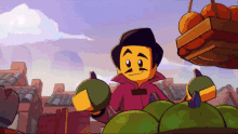 a cartoon drawing of a man with a mustache holding a green pumpkin