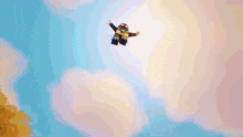 a lego figure is flying through the air in a cartoon scene