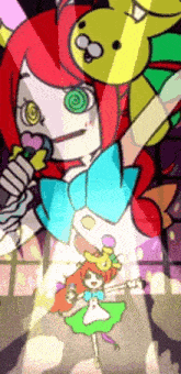 a cartoon of a girl singing into a microphone while holding a bunny .