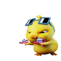 a cartoon chicken wearing sunglasses and holding a pink water gun