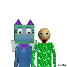 a cartoon character with a box on his head stands next to another character with a green outfit
