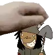 a pixel art of a man with a shovel on his head .