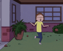 a cartoon of rick and morty dancing in front of a house