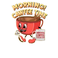 a cartoon of a cup of coffee with arms and legs holding a mug that says morning coffee contemplation