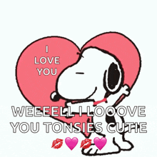 a cartoon of snoopy hugging a heart that says " i love you "