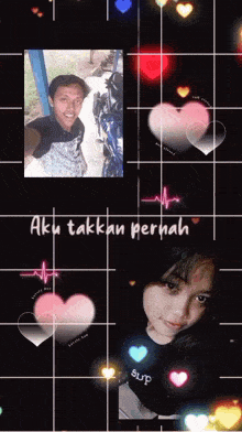 a man and a woman are standing next to each other with the words aku takkan pernah above them