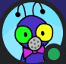 a purple cartoon character with green eyes and a pink bow tie is wearing a mask .