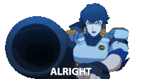a cartoon character is holding a cannon and the word alright is below it