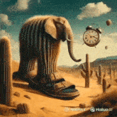 a painting of an elephant with a clock hanging from its tusks