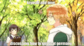 a couple of anime characters standing next to each other with a caption that says discussing how to get seat germany