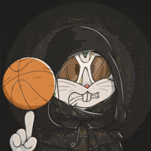 a cartoon of bugs bunny holding a basketball and giving the middle finger