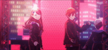 a group of anime characters are dancing in front of a red wall